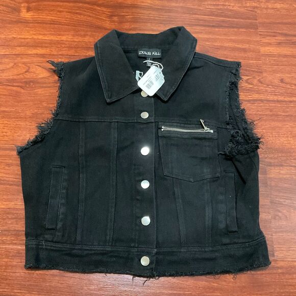 NWTs Dolls Kill Cropped Black Denim Jacket Women's Size Large Goth Grunge - Picture 9 of 10